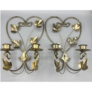 VVtg Home Interiors Heart Metal Candle Sconces Wall‎ Decor Gold Tone Leaf Pair